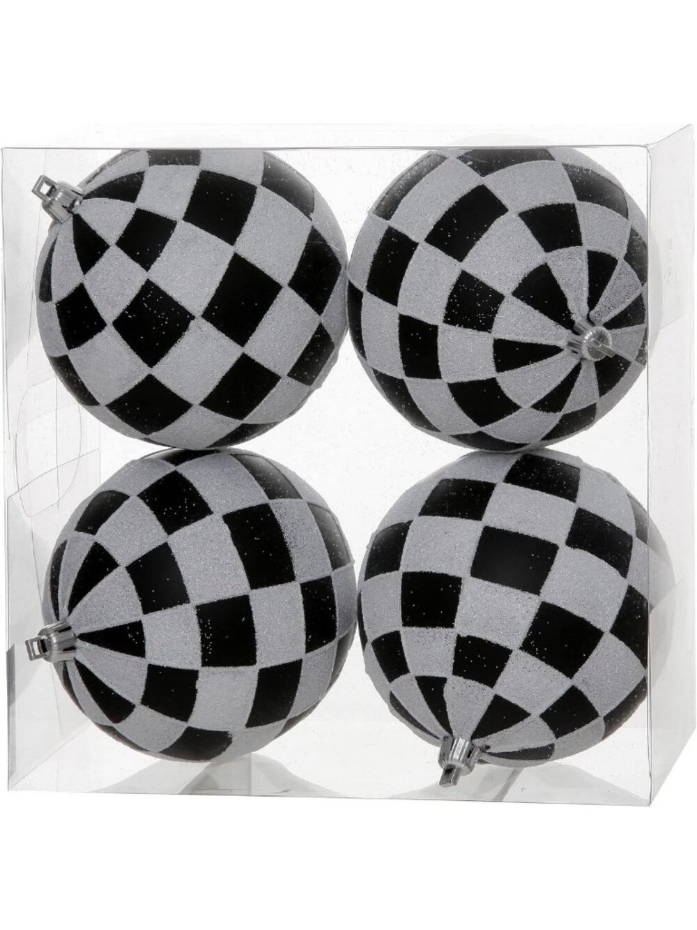 4" Black & White Checkered Glitter Ornaments - Festive Holiday Decor - 4 Pack